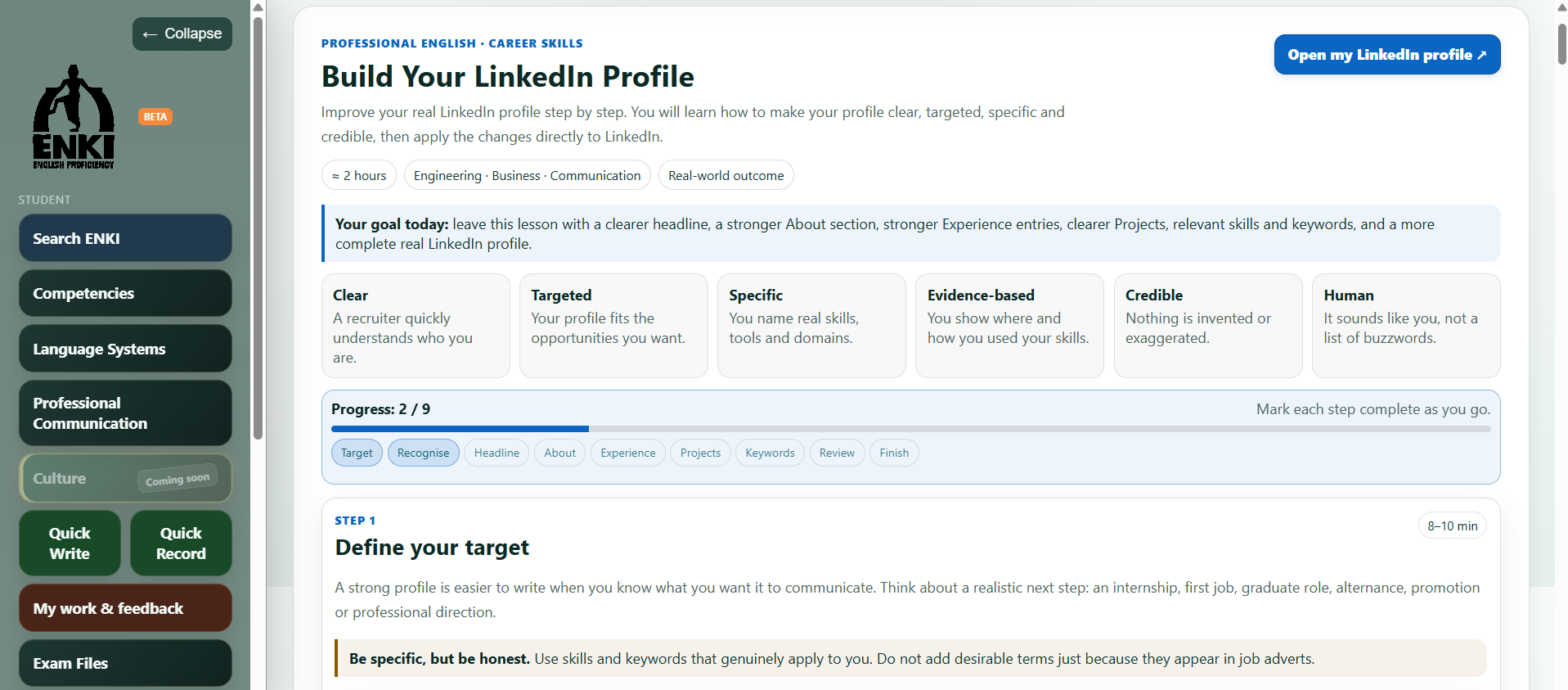 Capture d’écran réelle d’Enki : navigation étudiant et leçon Build Your LinkedIn Profile avec objectifs, activités et progression.
