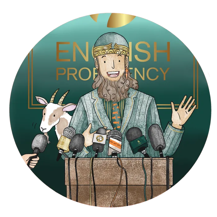 Illustration originale English Proficiency : Enki s’exprime avec confiance devant des microphones, accompagné de la chèvre.